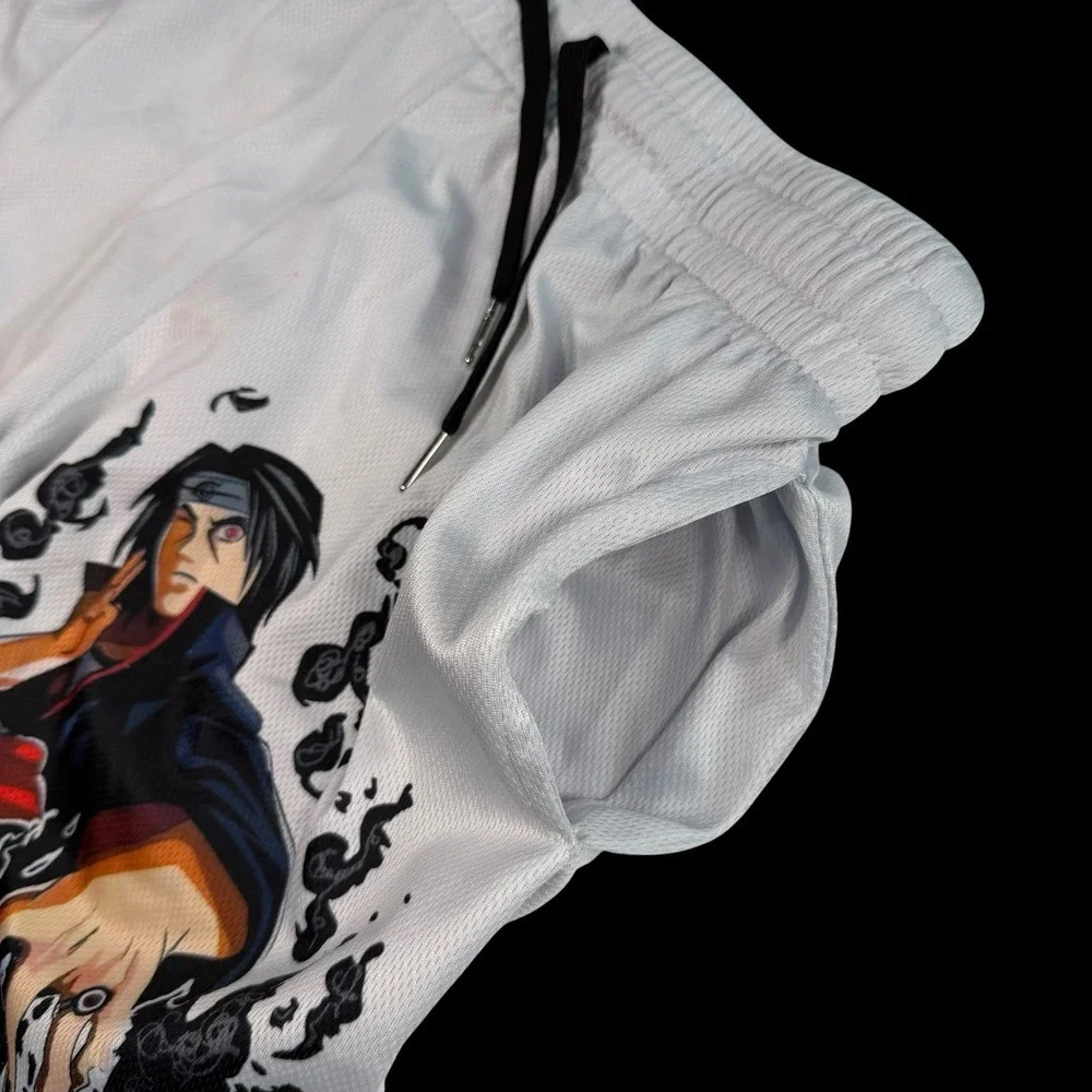 Naruto Anime Itachi Uchiha Graphic Print Men's White Mesh Gym Shorts Large